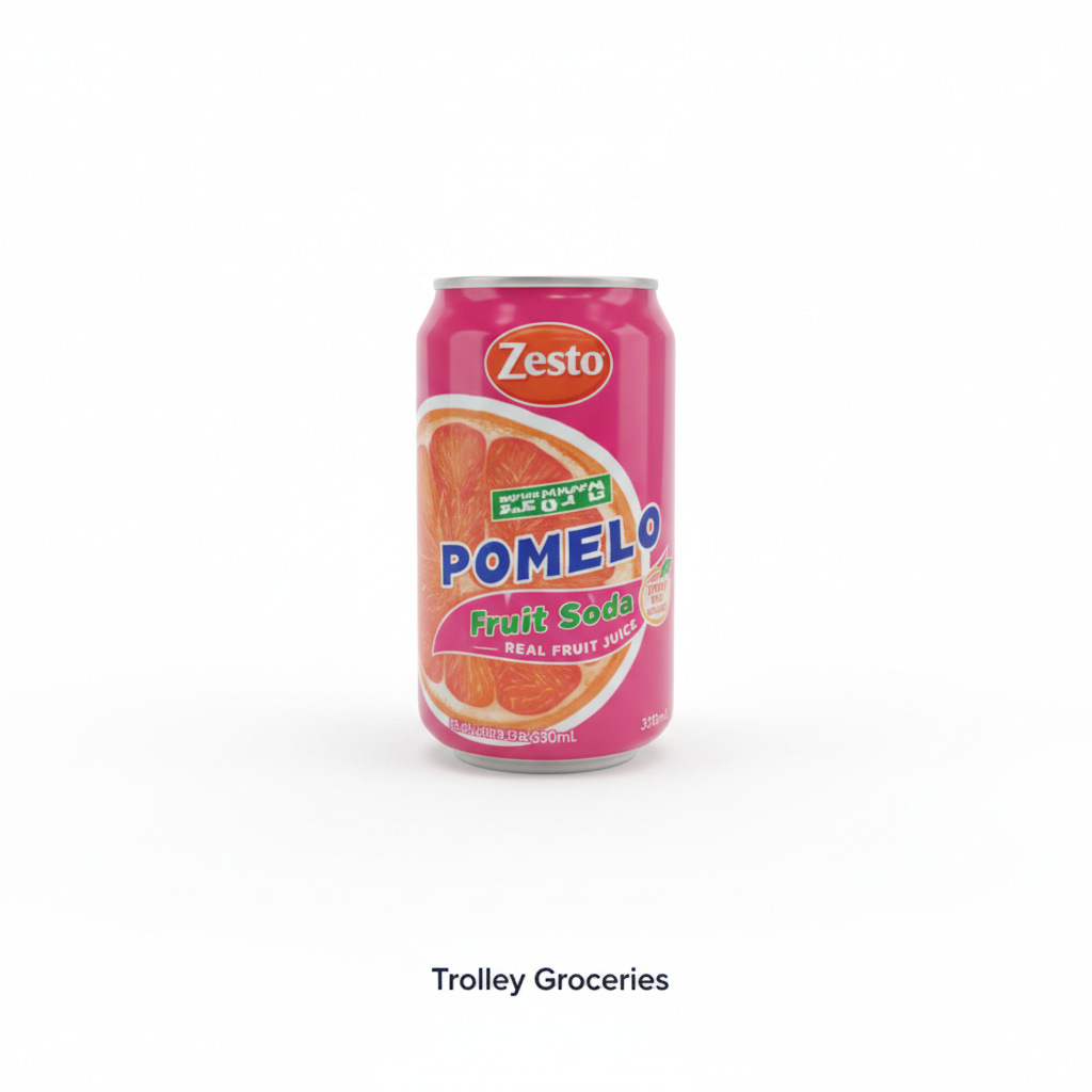 Zesto Pomelo Fruit Soda 330mL can with Trolley Groceries branding below on a clean studio background