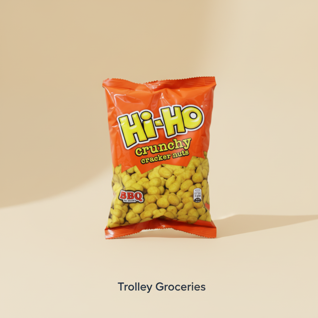Hi-Ho Cracker Nuts BBQ 160g snack bag with Trolley Groceries branding below on a warm snack background