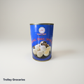Gold Fish Brand Quail Eggs 425g blue can on a clean neutral studio background for Trolley Groceries