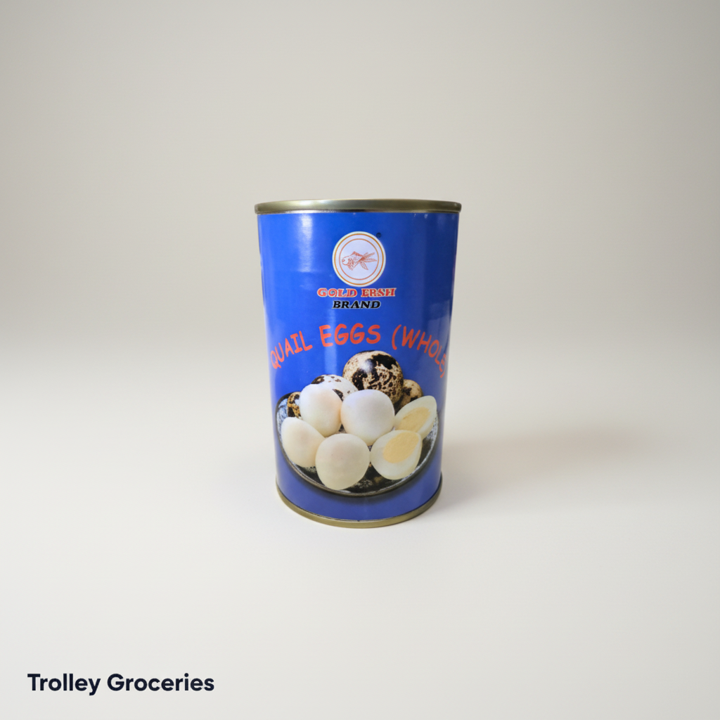 Gold Fish Brand Quail Eggs 425g blue can on a clean neutral studio background for Trolley Groceries