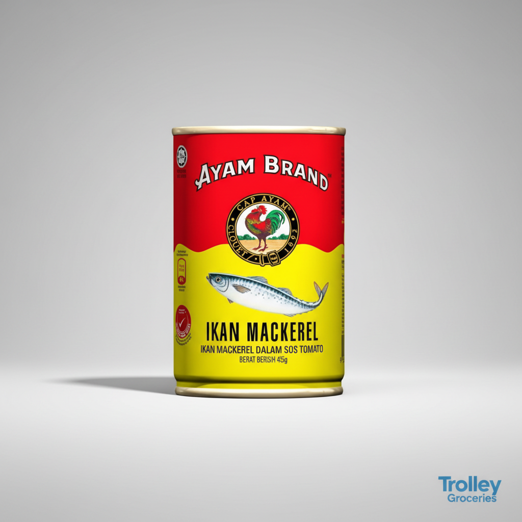 Ayam Mackerel in Tomato Sauce 425g can on a clean neutral studio background for Trolley Groceries