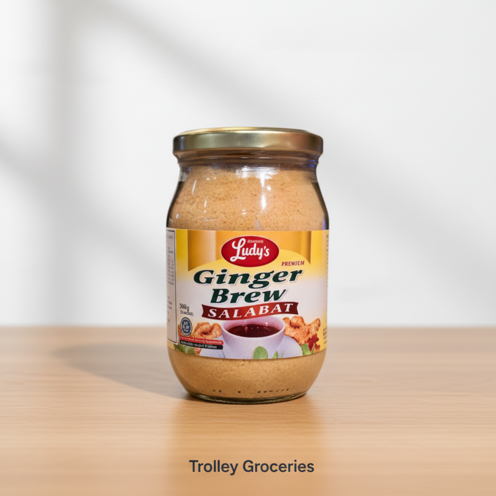 Ludy's Ginger Brew Salabat 360g jar with Trolley Groceries branding below on a warm studio background