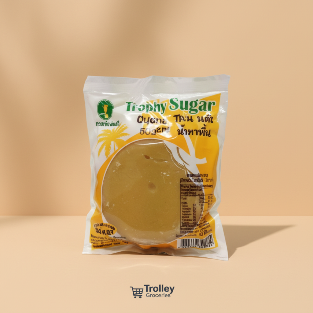Trophy Palm Sugar 500g bag with Trolley Groceries branding below on a warm pantry background