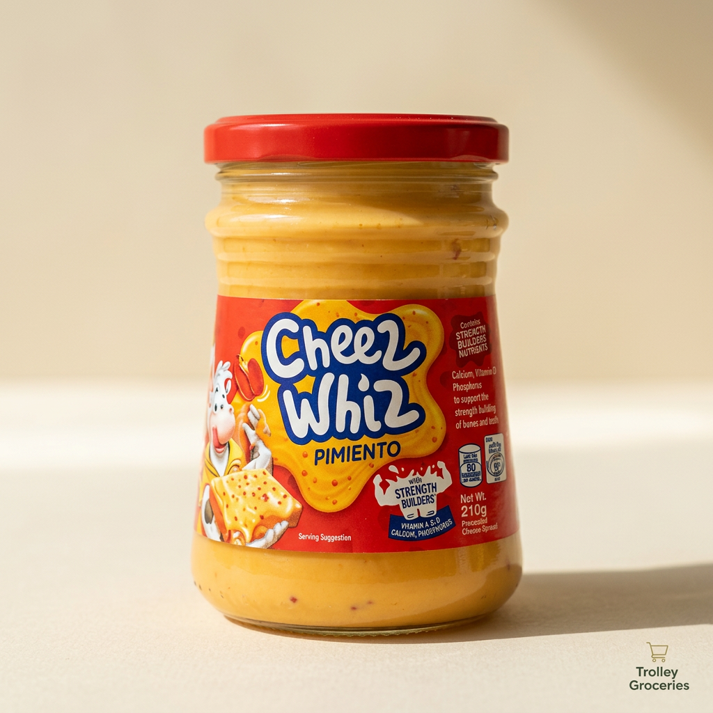 Cheez Whiz Pimiento 210g red-lid jar with Trolley Groceries branding