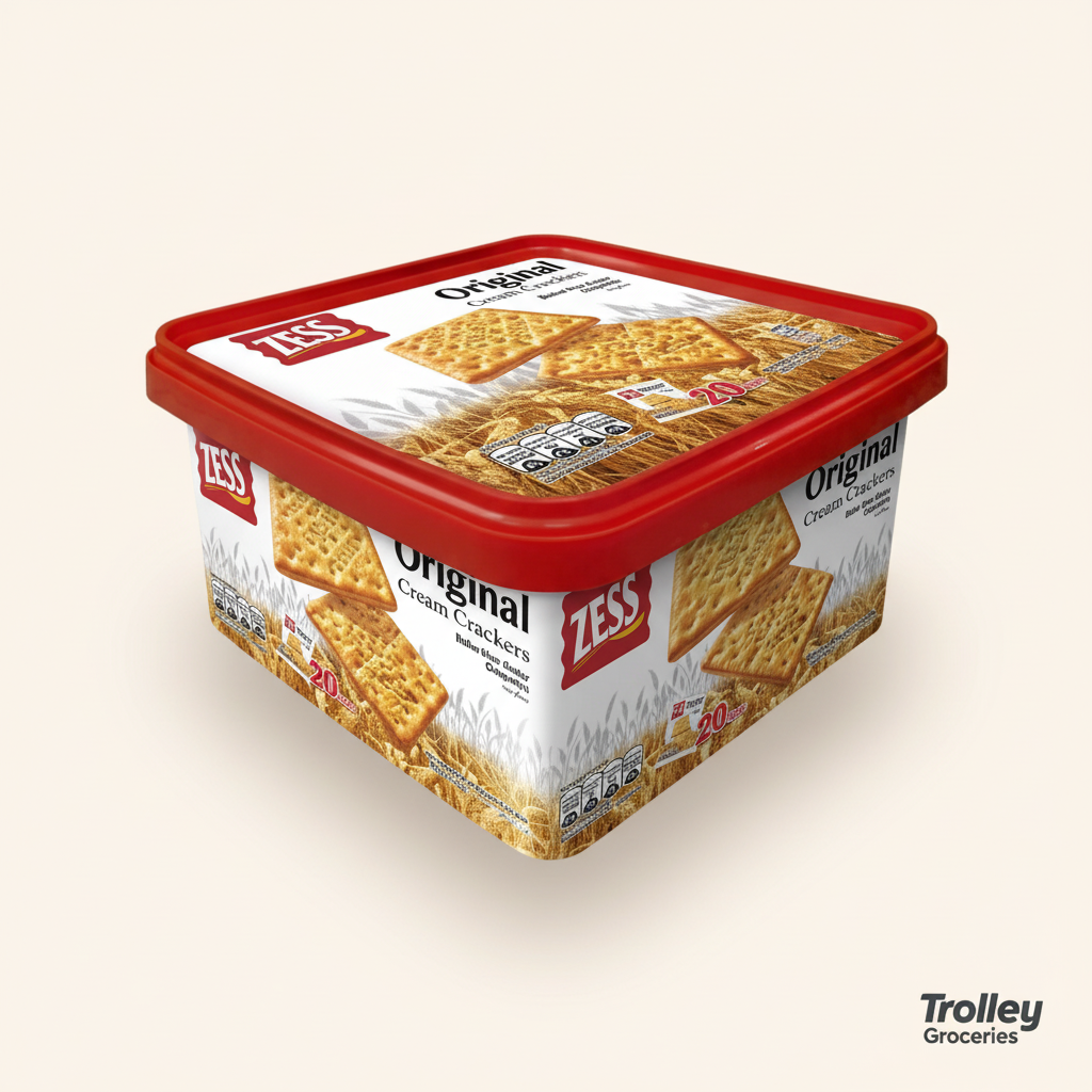 Zess Original Cream Crackers 460g tub in a faithful premium grocery presentation for Trolley Groceries