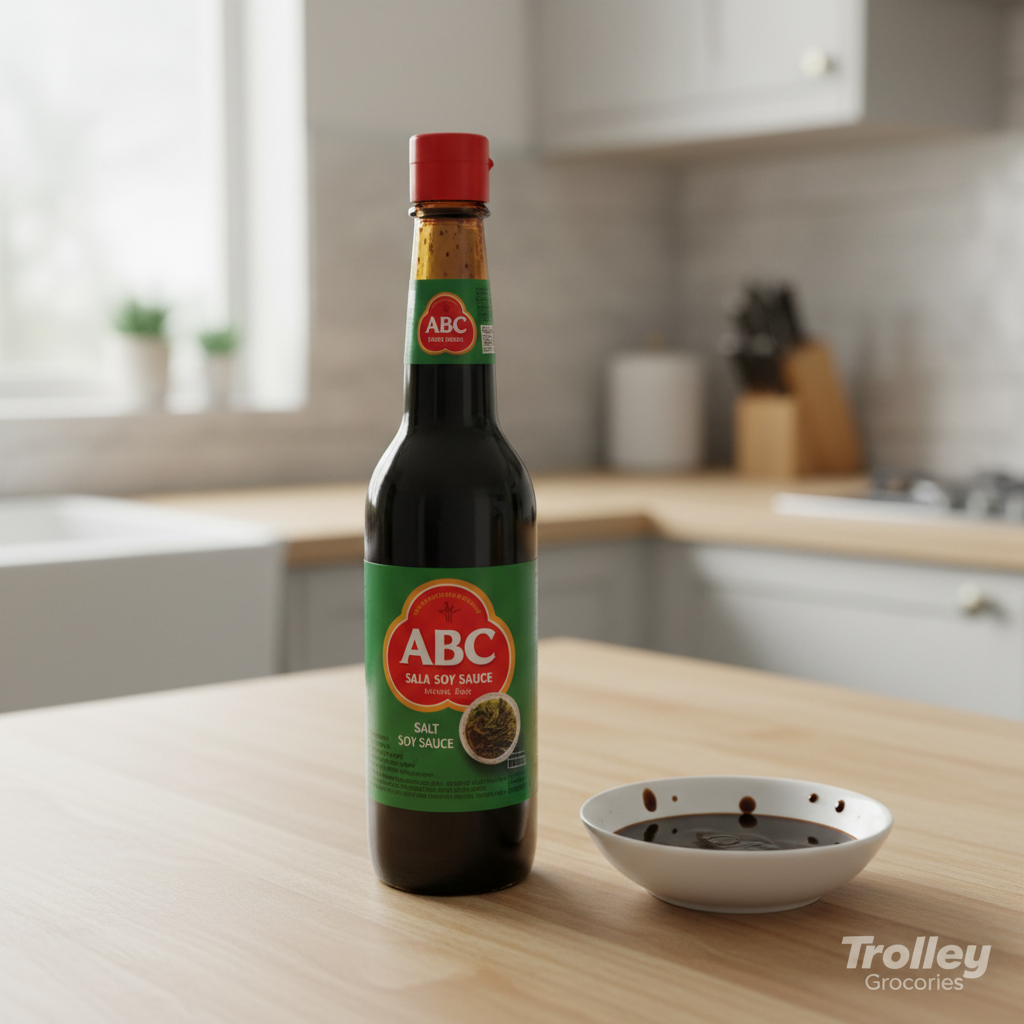ABC Salt Soy Sauce 620ML dark glass bottle on wooden surface