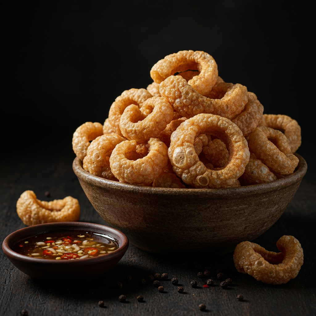 Crispy golden Filipino chicharon pork rinds piled in a ceramic bowl with spiced vinegar