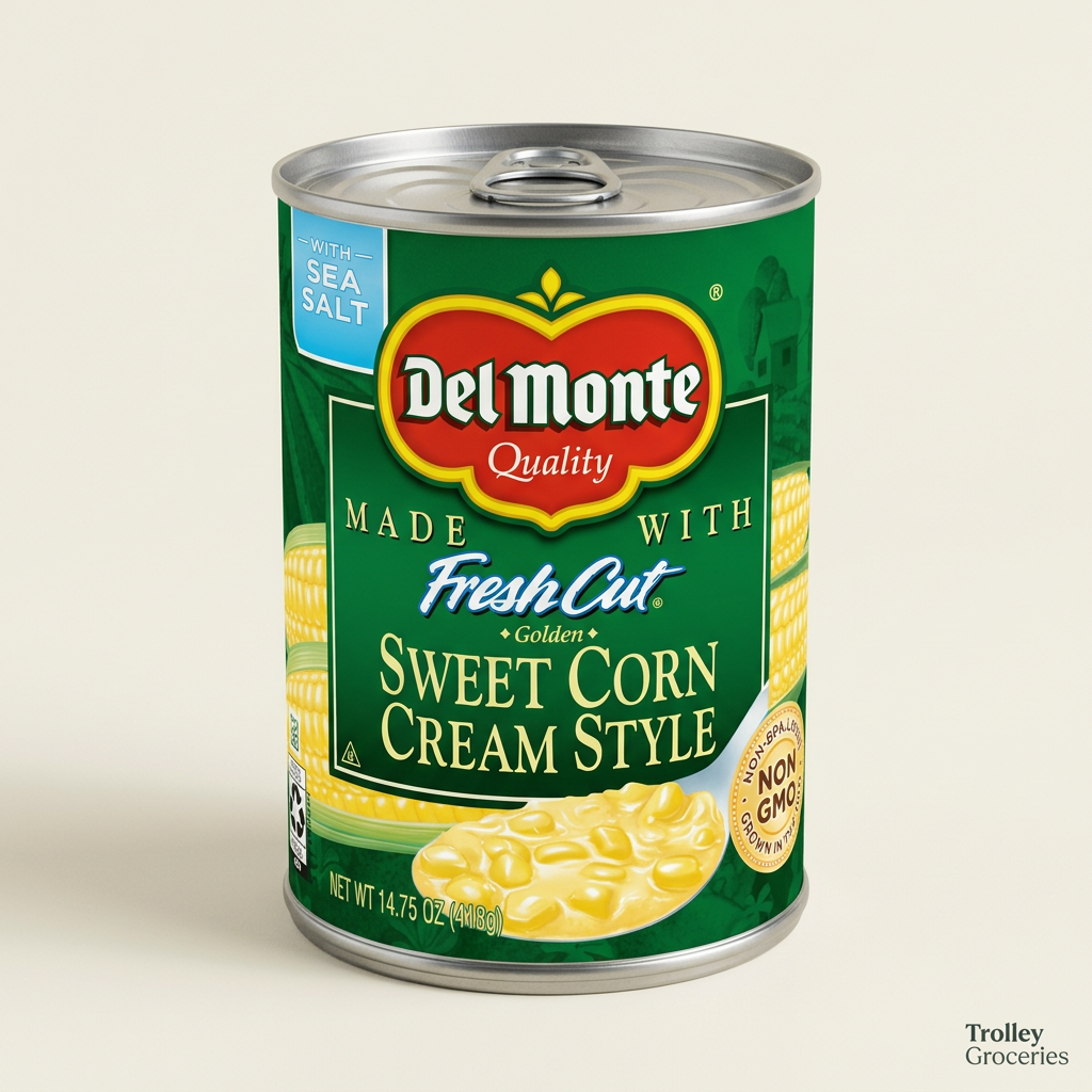 Del Monte Cream Style Corn green can with Trolley Groceries branding