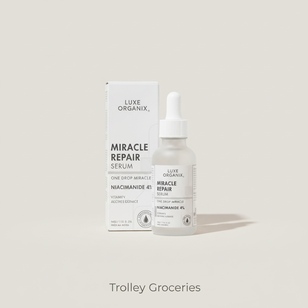 LUXE ORGANIX Miracle Repair Serum Niacinamide 4% 30mL box and dropper bottle with Trolley Groceries branding below on a premium skincare background