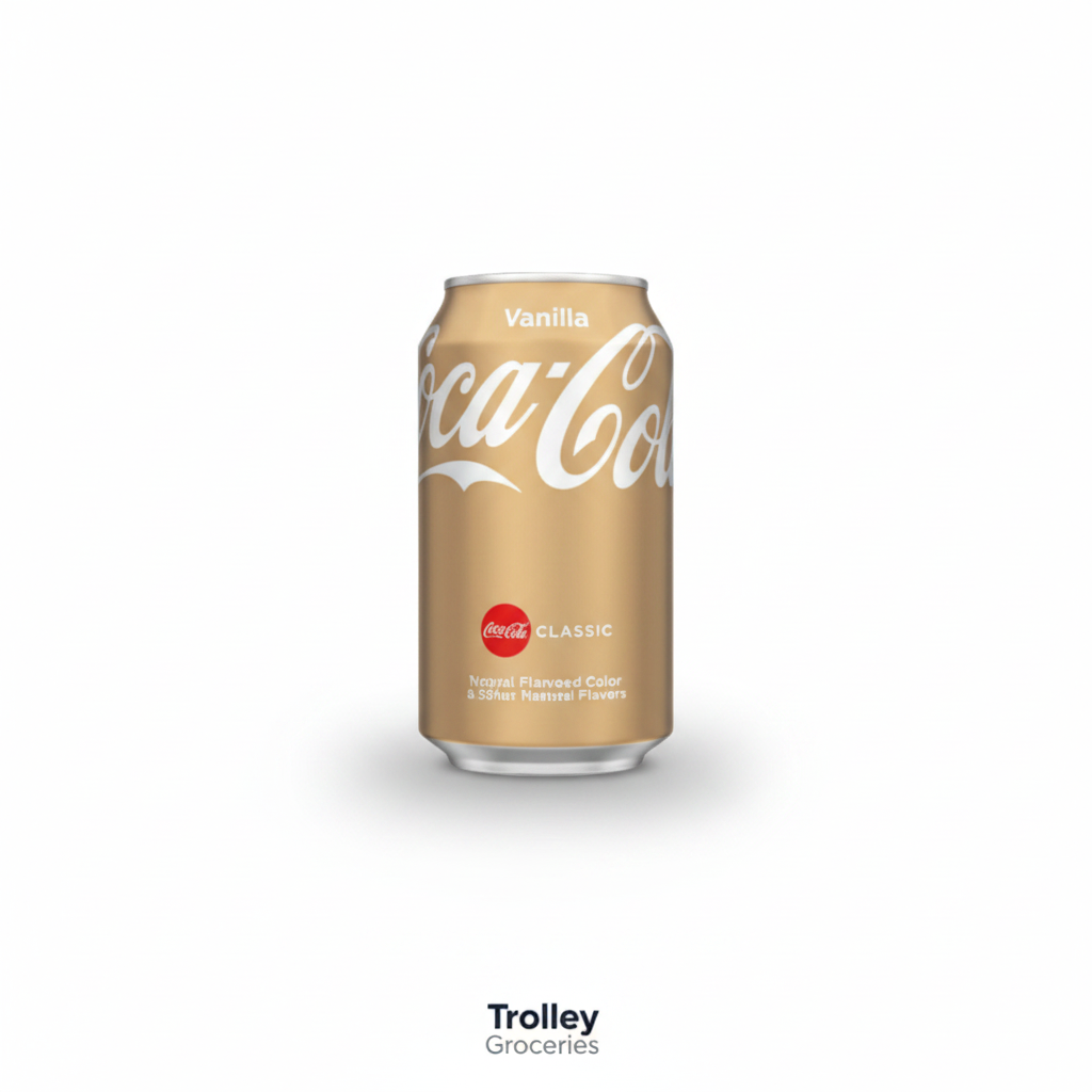 Coca-Cola Classic Vanilla 375mL can with Trolley Groceries branding below on a clean studio background