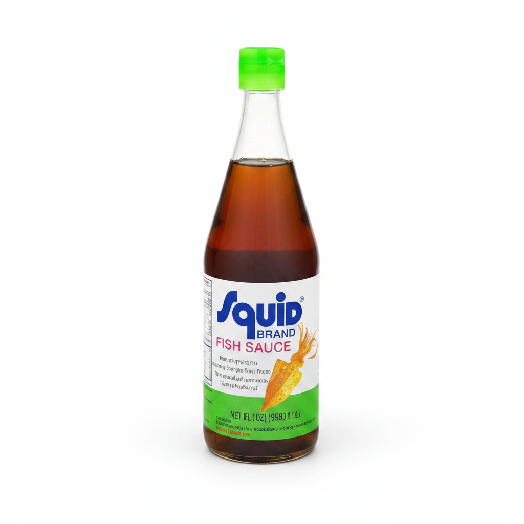 Squid Brand Fish Sauce 725ml clear glass bottle with amber sauce and green cap