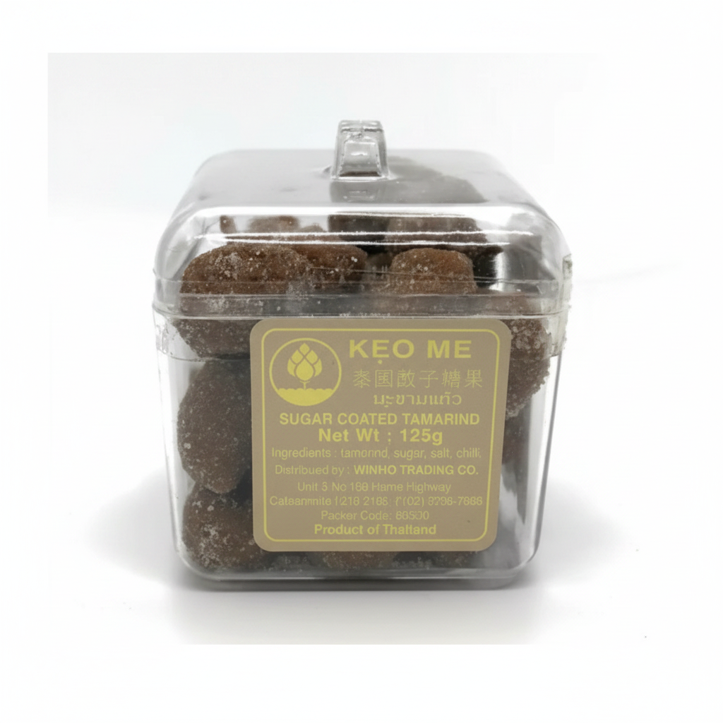 Keo Me Sugar Coated Tamarind 125g clear square plastic container with gold label