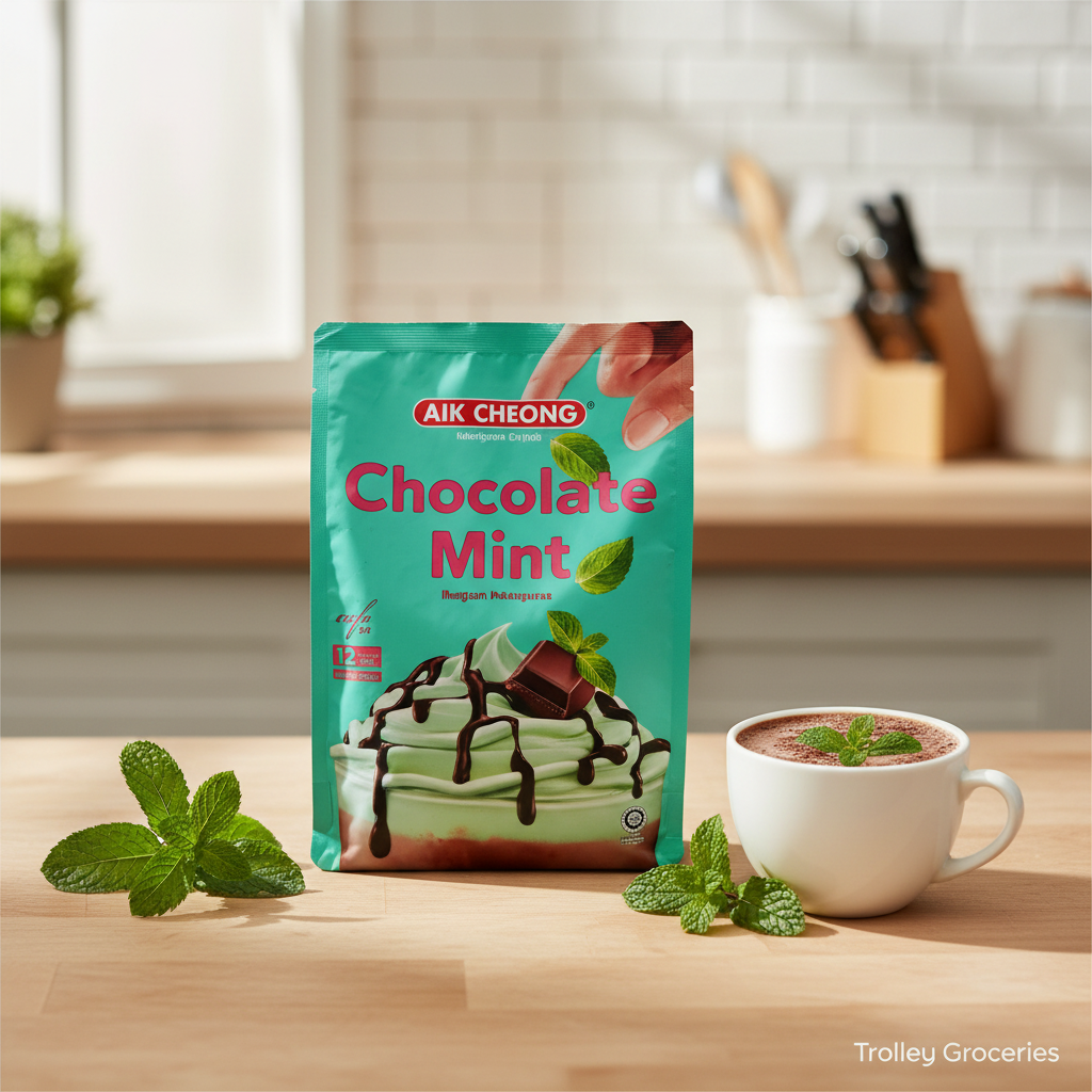 Aik Cheong Chocolate Mint 12P sachet bag with fresh mint leaves and chocolate drink