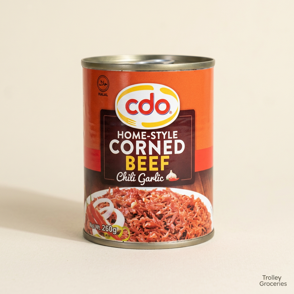 CDO Home-Style Corned Beef Chili Garlic can with Trolley Groceries branding