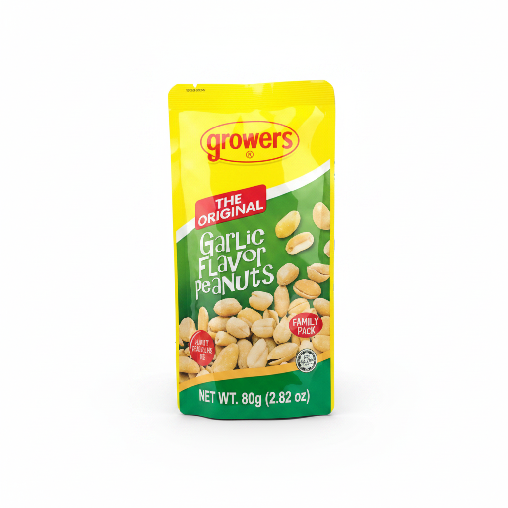 Growers Garlic Flavor Peanuts 80g yellow and green packaging