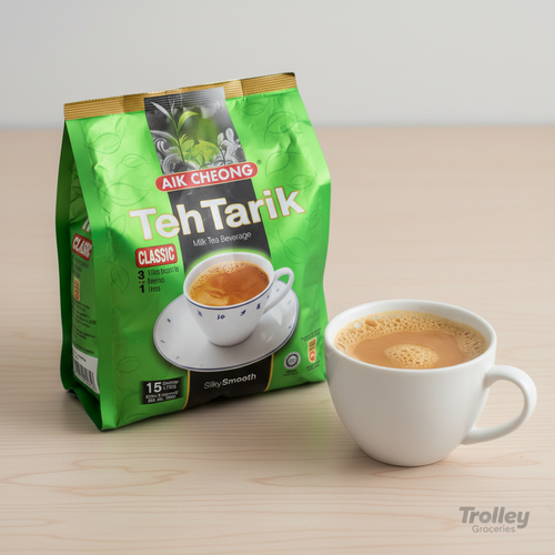 Aik Cheong Classic Milk Tea 600G 3 In 1 green bag with cup of milk tea