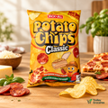 J&J Potato Chips Pepperoni Pizza 120g bag styled with potato chips and pizza ingredients.