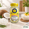 SBC White Coconut Gel 340g jar with yellow lid on a kitchen countertop