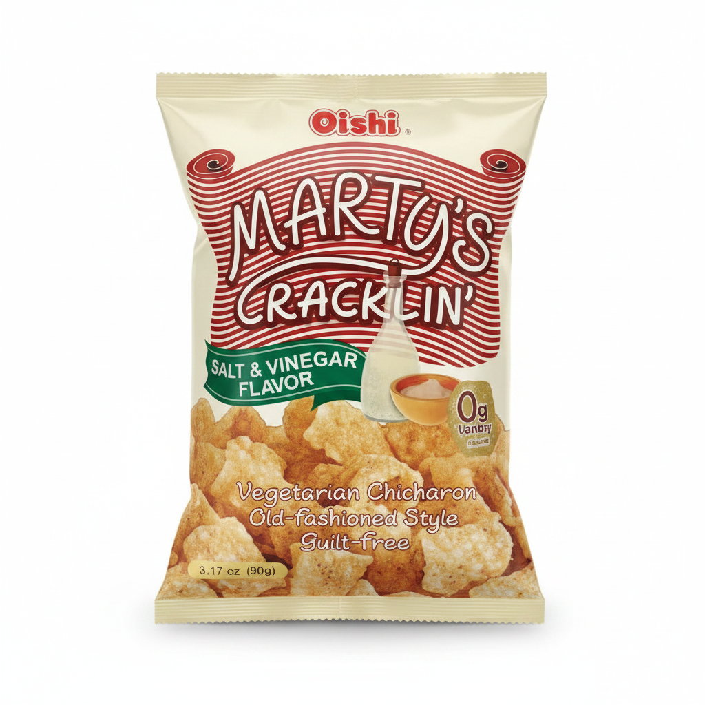 Oishi Marty's Cracklin Salt & Vinegar 90g dark red and cream packaging with bold script logo