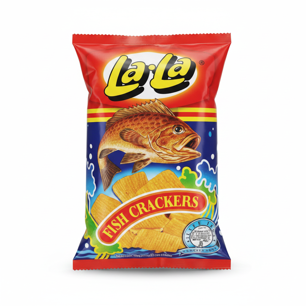 La La Fish Crackers 100g red and blue packaging with fish illustration