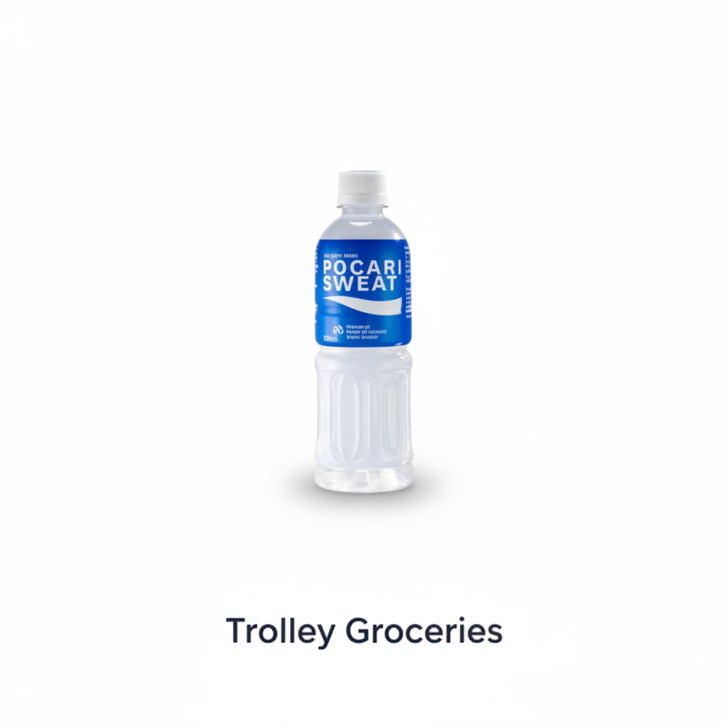 Pocari Sweat 500mL bottle with Trolley Groceries branding below on a bright hydration background