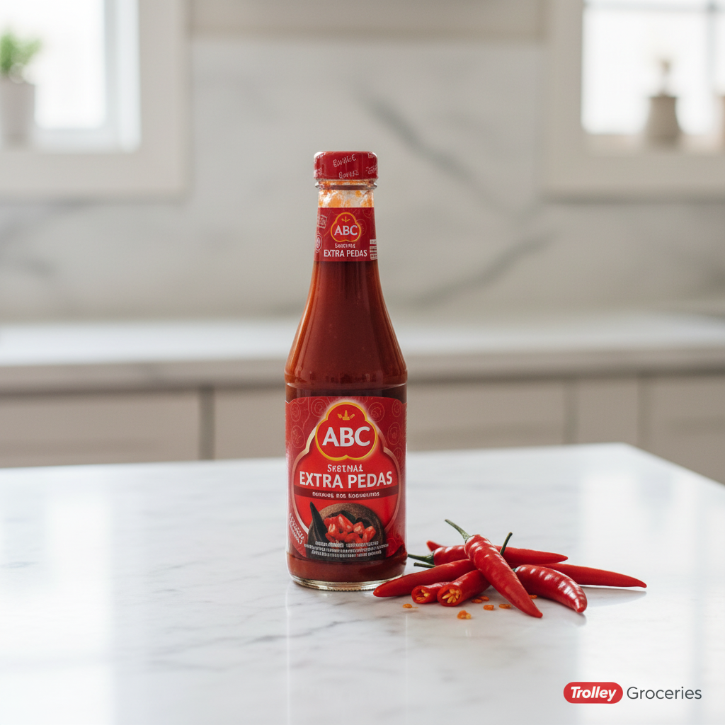 ABC Extra Hot Sauce 340G bottle on marble surface with fresh red chilies