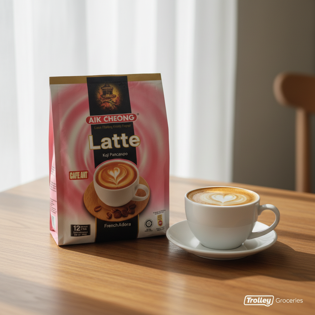Aik Cheong Latte 12P 300G sachet bag on wooden surface with frothy latte cup