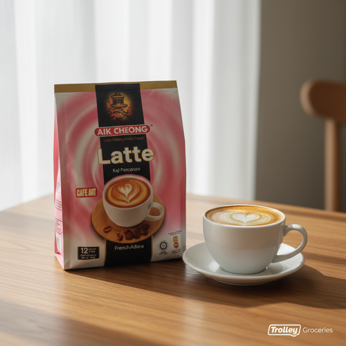 Aik Cheong Latte 12P 300G sachet bag on wooden surface with frothy latte cup