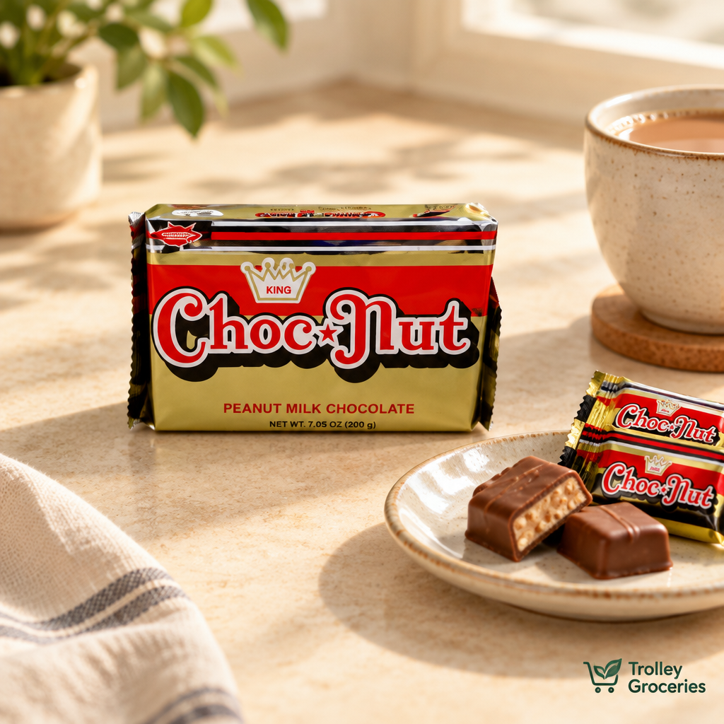 King Choc Nut peanut milk chocolate in its original black and gold package styled with chocolate bites and a cup of tea.