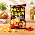 J&J Potato Chips Flaming Hot 120g bag styled with potato chips and red chilies.