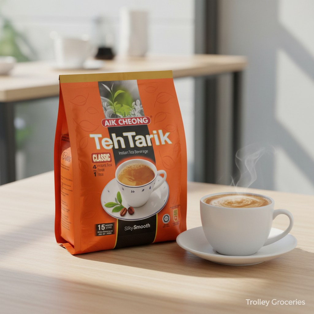 Aik Cheong Teh Tarik Combo 600G 4 In 1 orange bag with cup of teh tarik