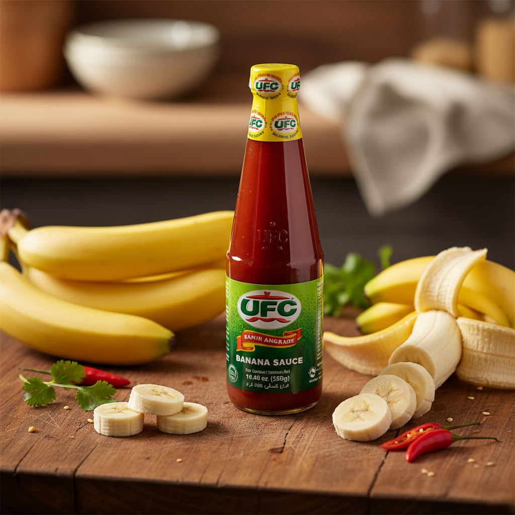 UFC Banana Ketchup bottle styled with fresh bananas on wooden surface