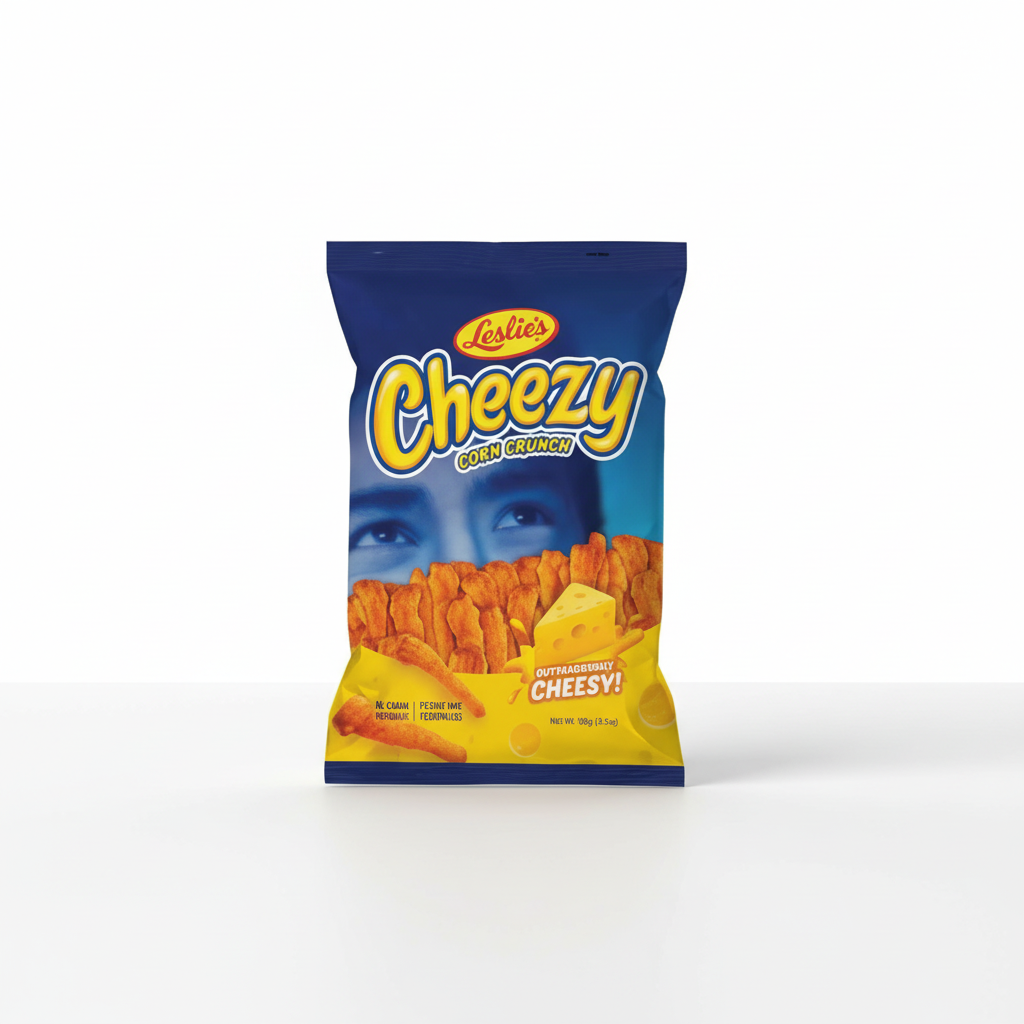 Leslie's Cheezy Corn Crunch Original 100g snack bag on a clean studio background