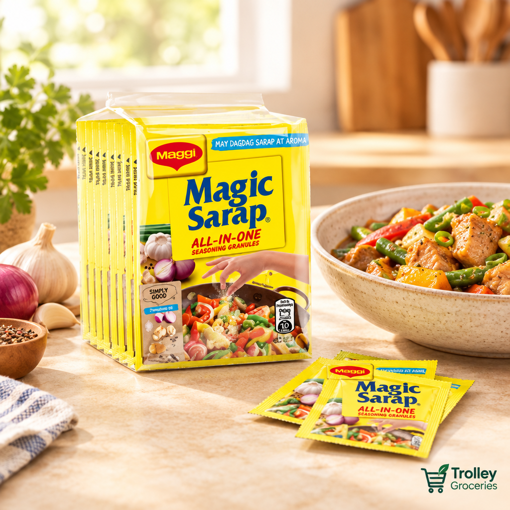 Maggi Magic Sarap 12-pack seasoning carton styled beside sachets and a prepared Filipino dish.