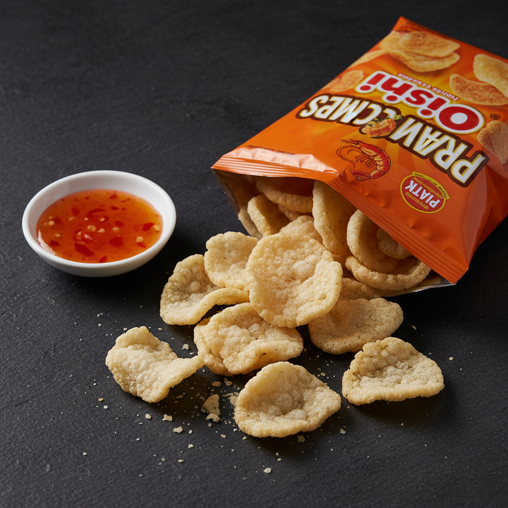 Oishi prawn crackers spilling from bag onto slate surface with dipping sauce