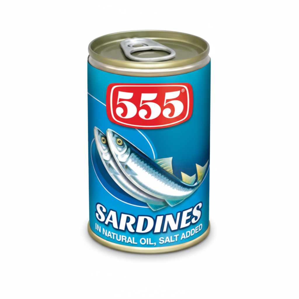 555 Sardines in Natural Oil 155g blue can – clean studio product photo
