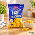 Carl's Fish Crackers 100g blue bag styled with golden fish crackers.