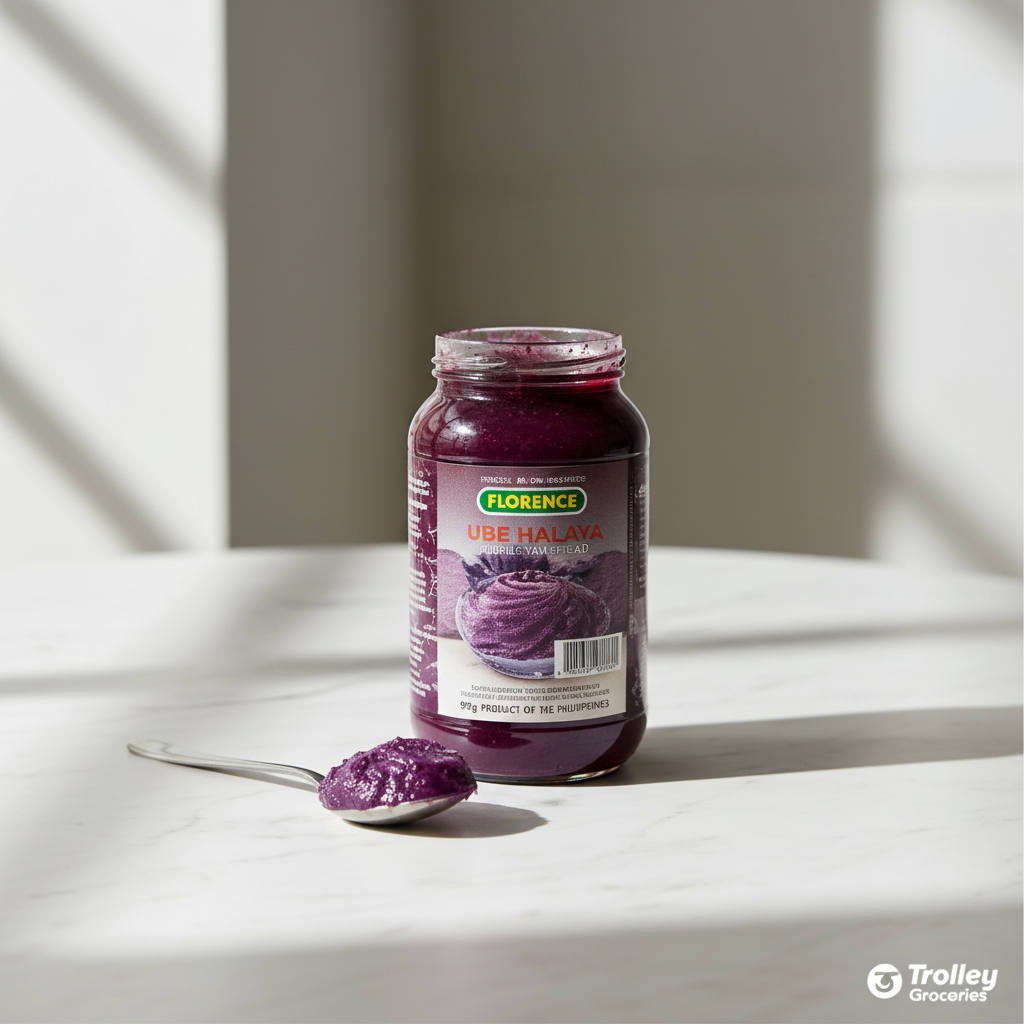 Florence Purple Yam Spread Ube Halaya 907g jar on marble surface with purple ube spread