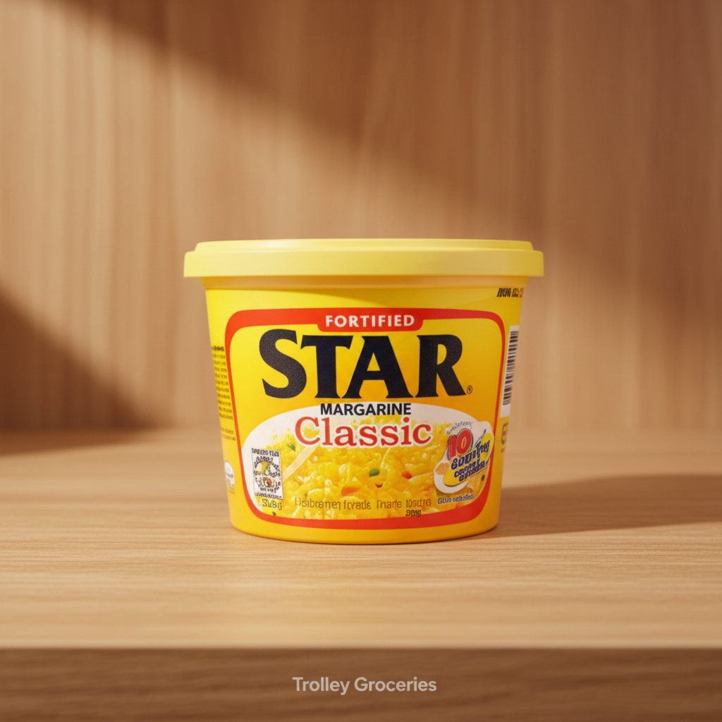Star Margarine Classic 250g tub with Trolley Groceries branding below on a warm pantry background