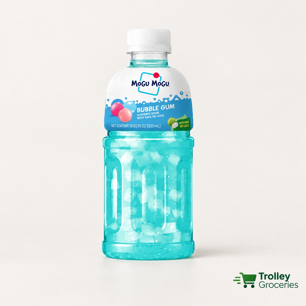 Mogu Mogu Bubble Gum 320mL turquoise bottle with coconut jelly on a light background