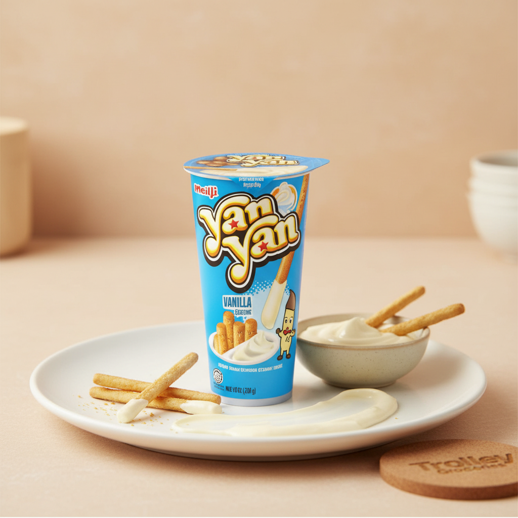 Yan Yan Vanilla 50g biscuit sticks with vanilla dipping cream in a premium grocery presentation for Trolley Groceries