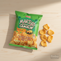 Oishi Marty's Crackling Chicken snack bag on wooden surface with snack pieces