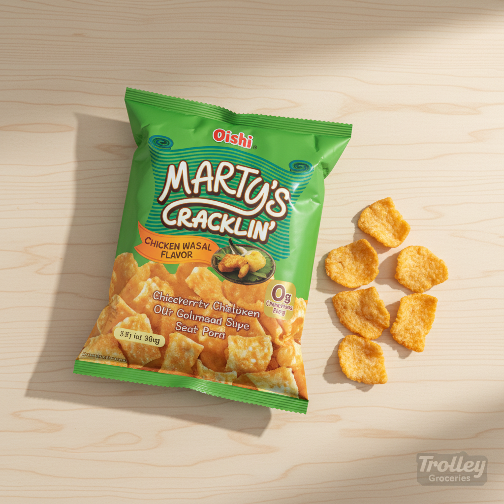 Oishi Marty's Crackling Chicken snack bag on wooden surface with snack pieces