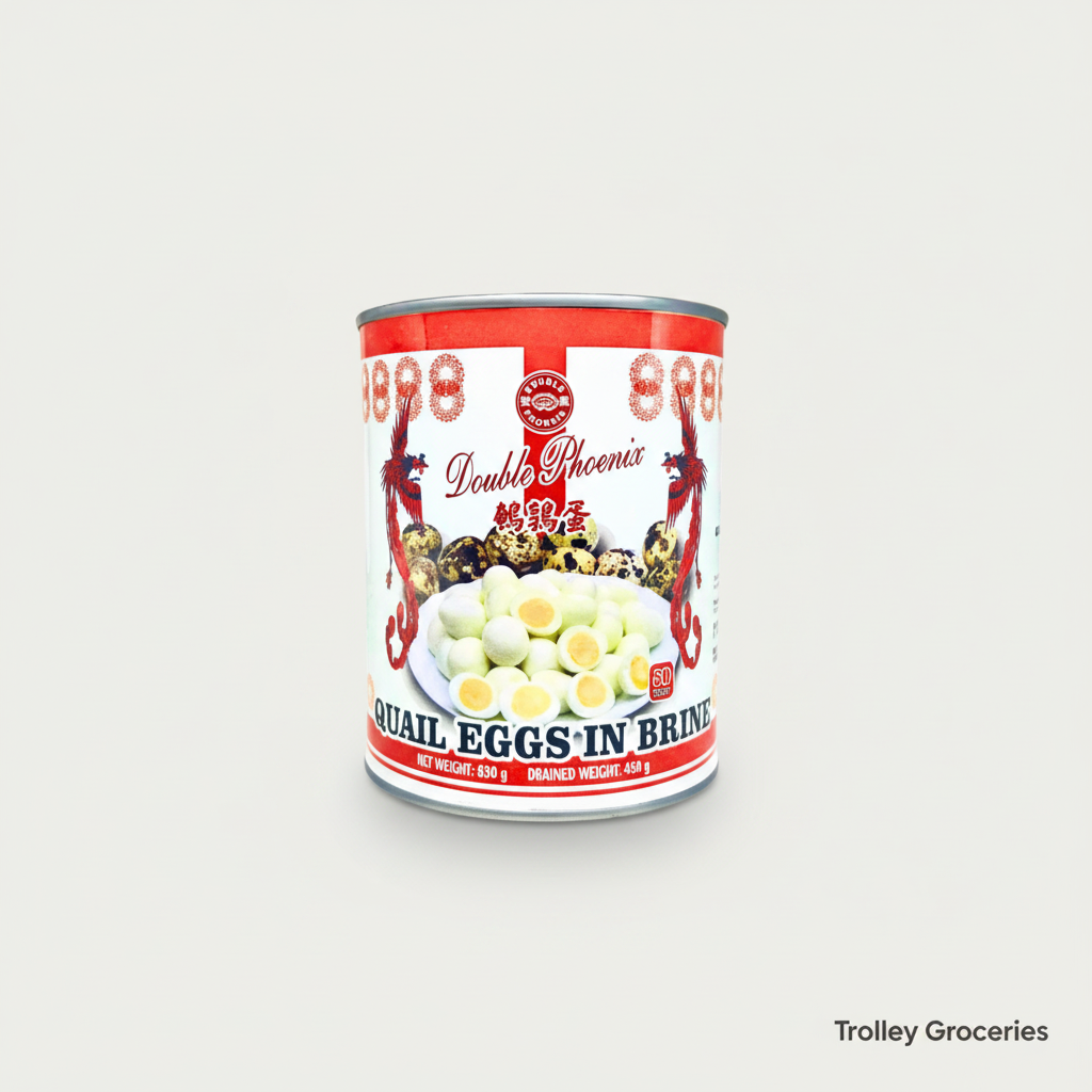 Double Phoenix Quail Eggs In Brine 830g can on a clean neutral studio background for Trolley Groceries