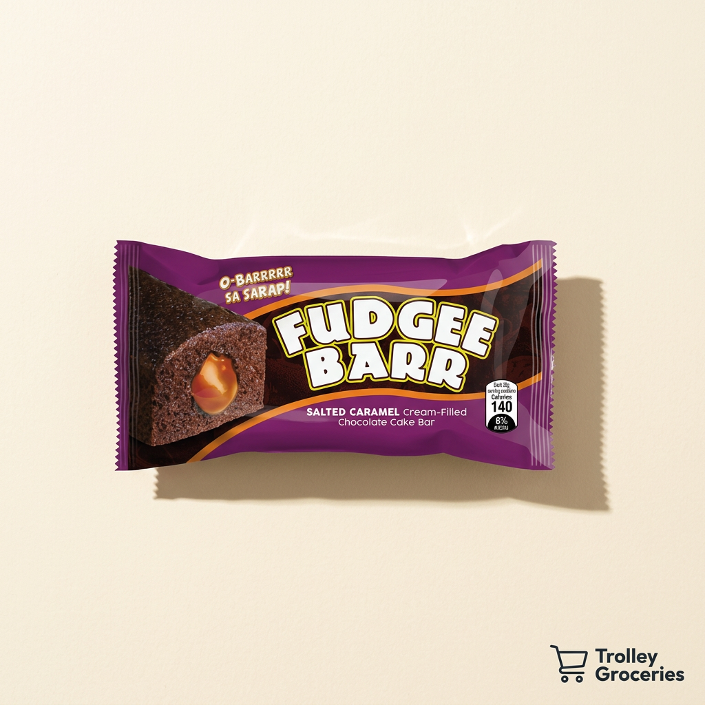 Fudgee Barr Salted Caramel purple wrapper with Trolley Groceries branding