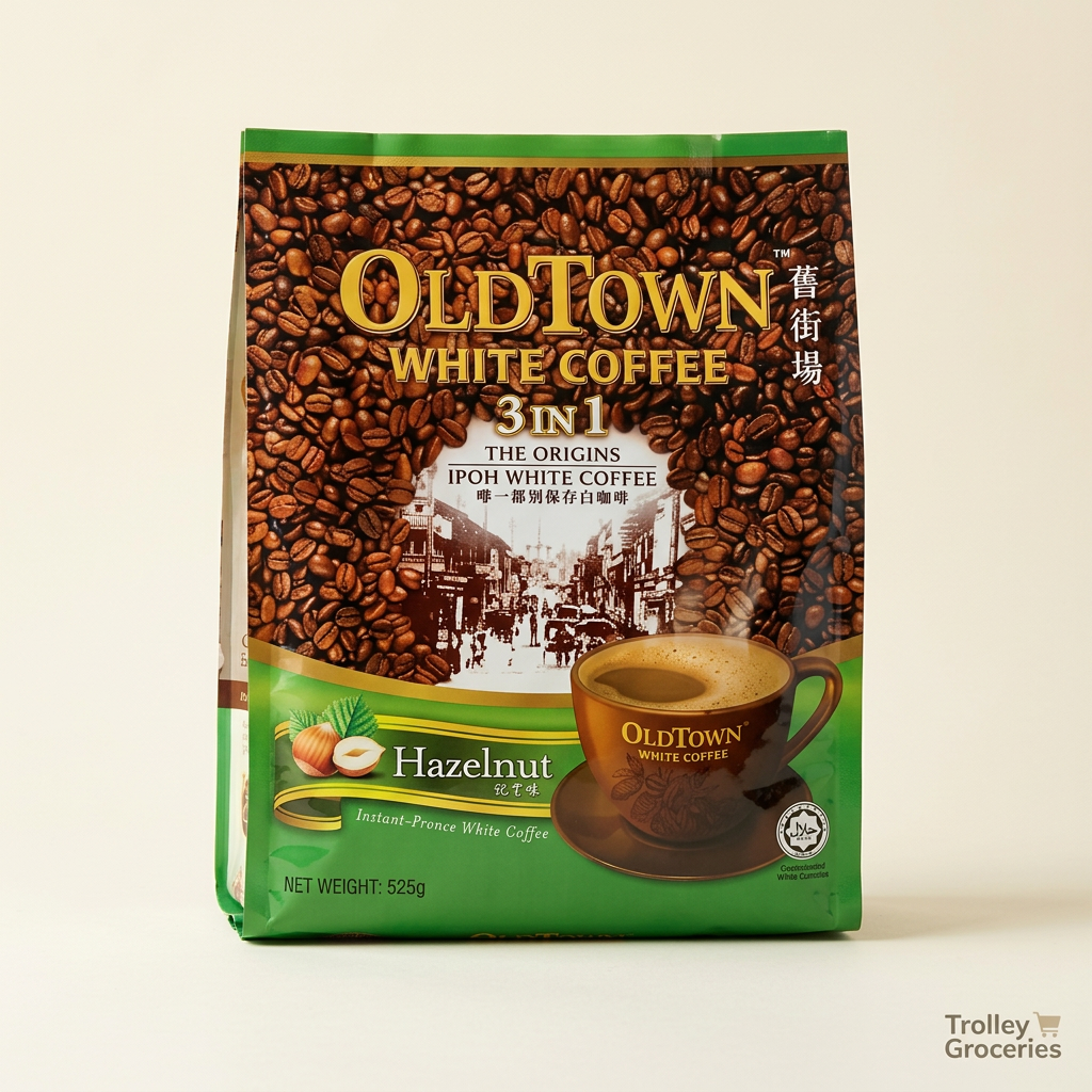 OldTown Hazelnut White Coffee brown and green bag with Trolley Groceries branding