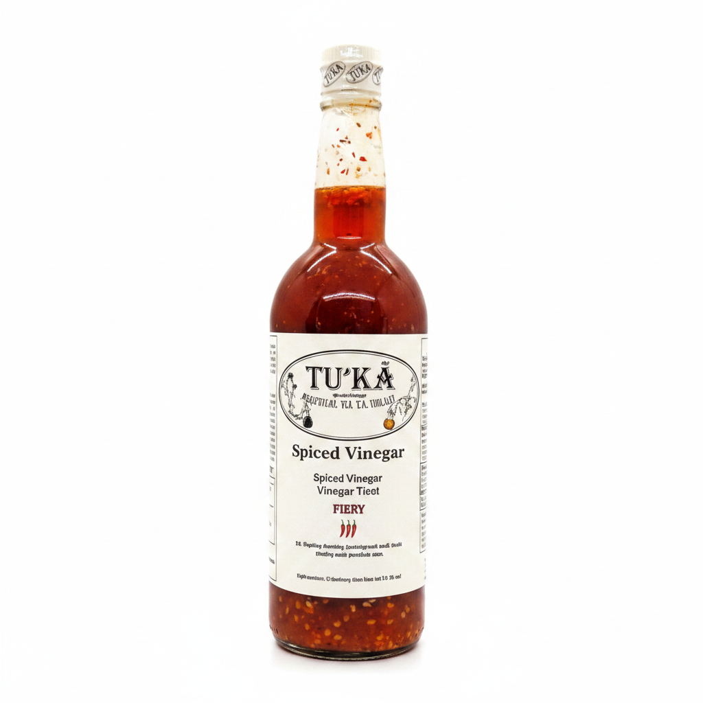 Tuka Spiced Vinegar Fiery 750ml dark glass bottle with cream label and Tuka oval logo