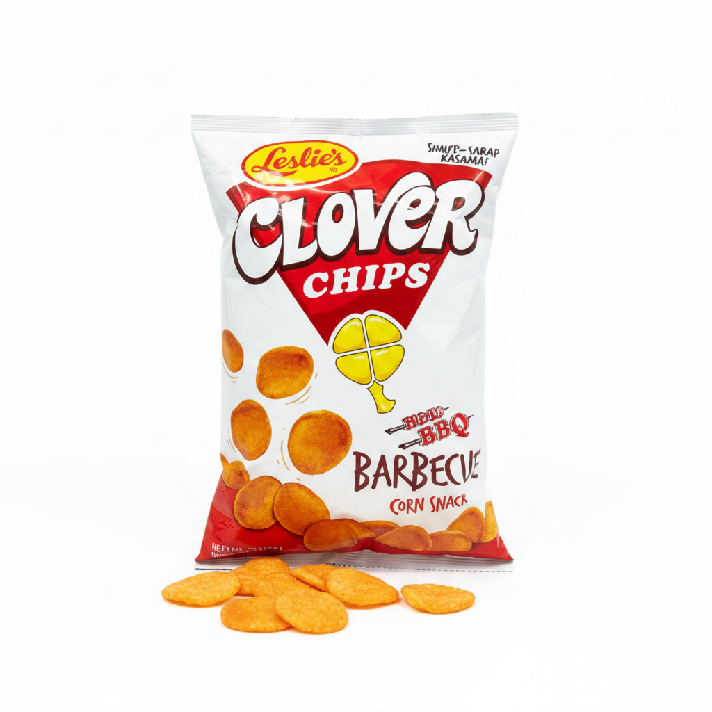 Leslie's Clover Chips BBQ 145g white packaging with red Clover Chips logo