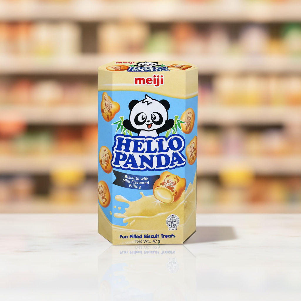 Meiji Hello Panda Milk 47g filled biscuits box on a clean grocery shelf backdrop