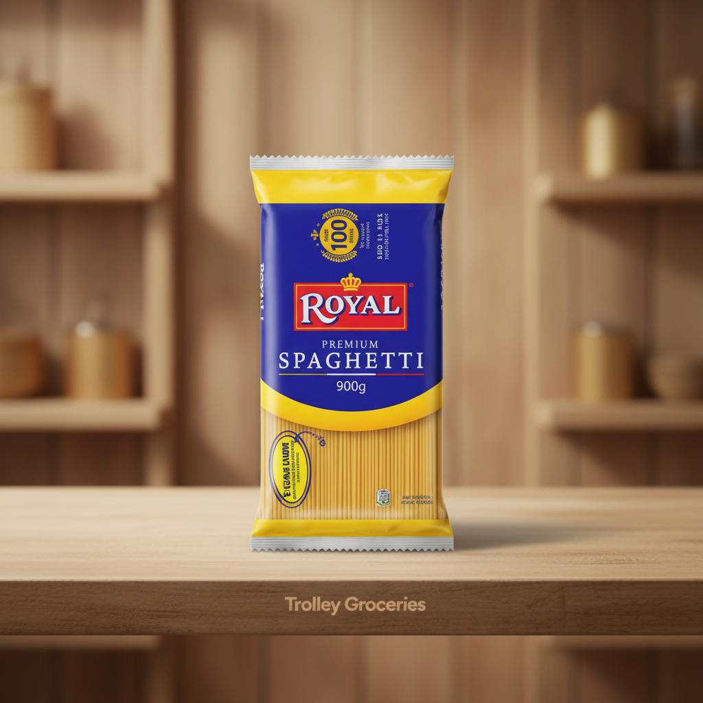 Royal Spaghetti Pasta 900g pack with Trolley Groceries branding below on a warm pantry background